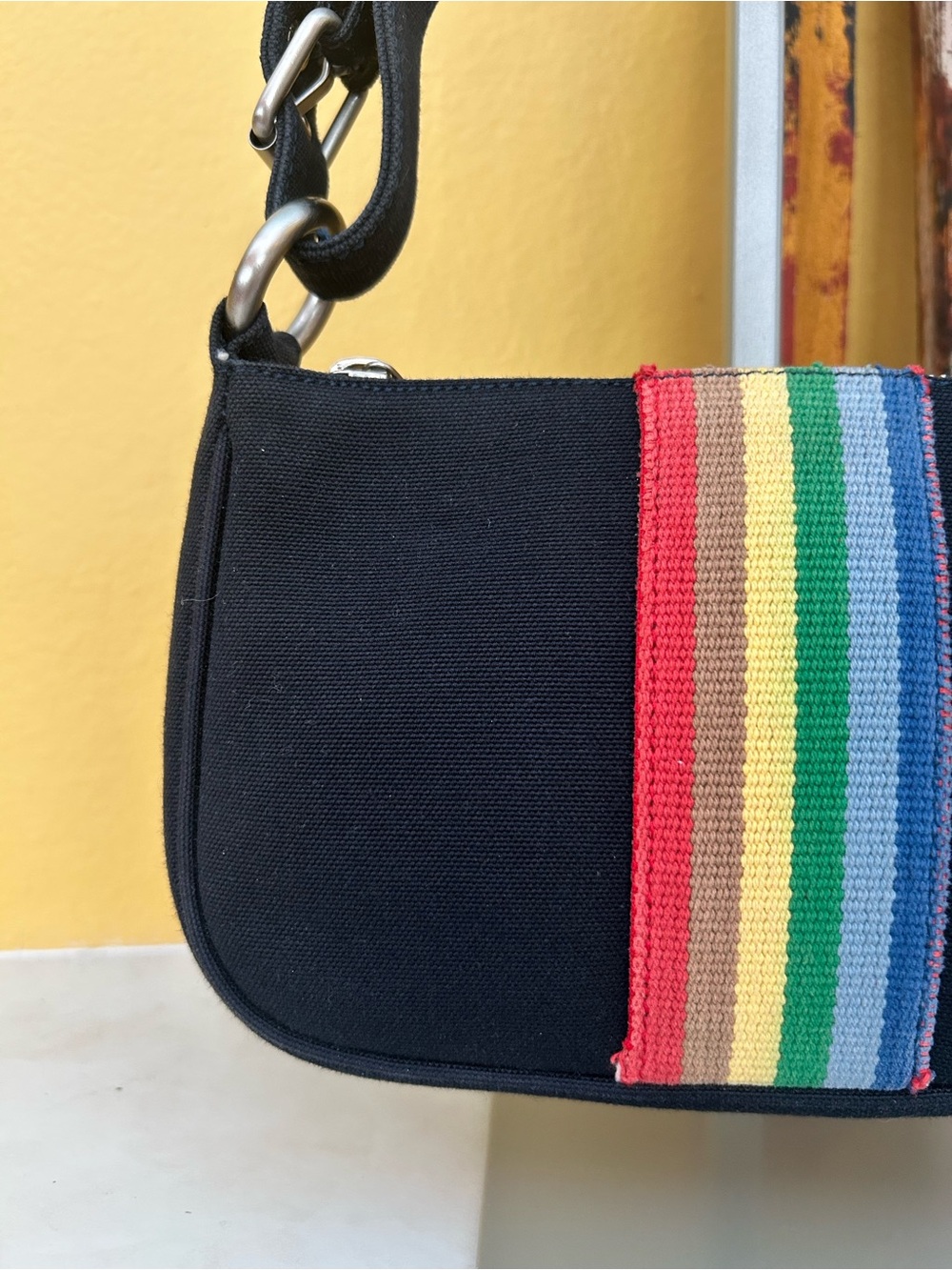 Marc Jacobs Black Canvas Rainbow Stripe Shoulder Bag Y2K Baguette Festivalstyle - Picture 5 of 13